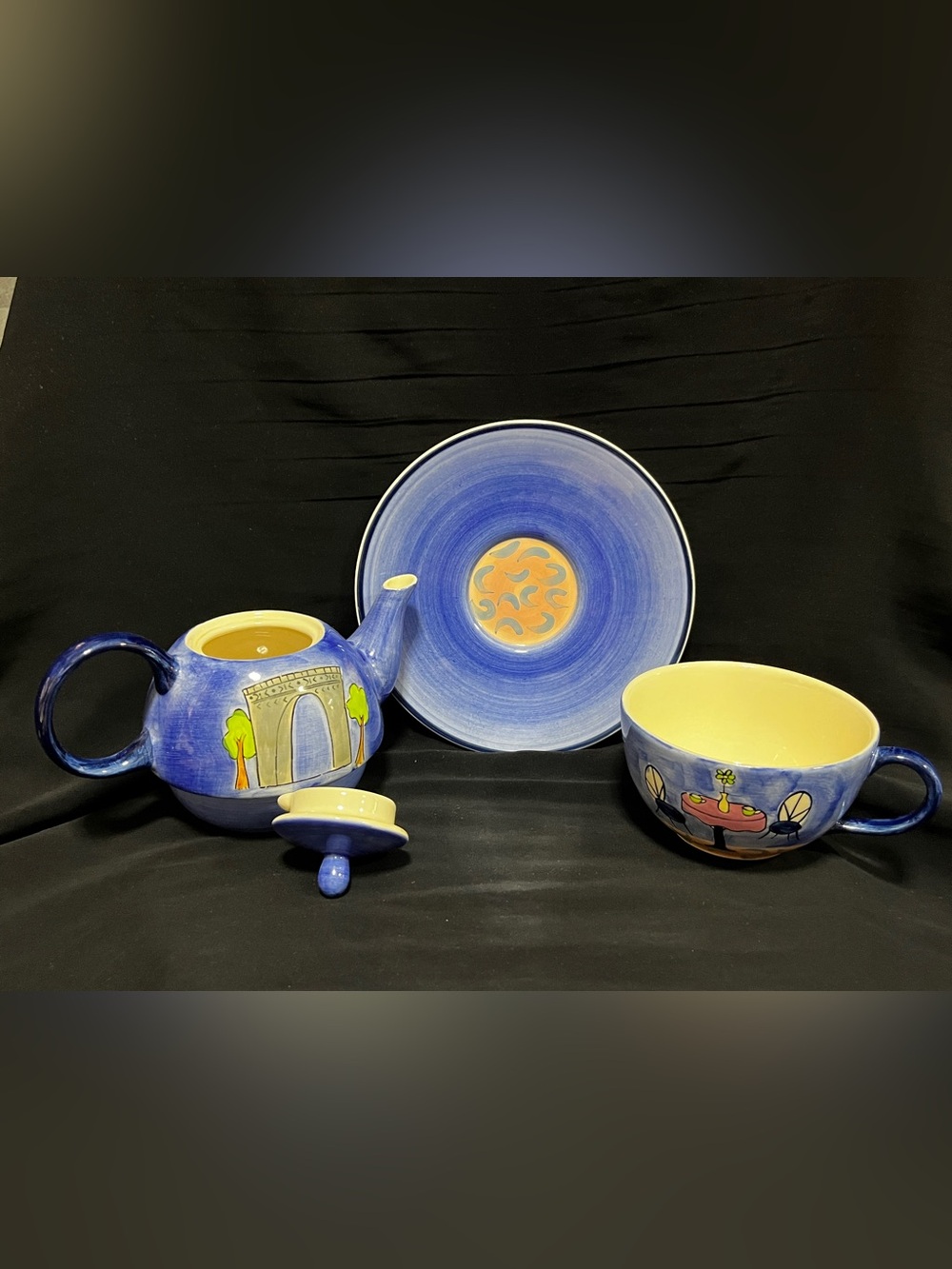 Set of 4 pcs Hand-Painted Pottery Tea Coffee Pot + lid, Saucer & cup, Parisian..
